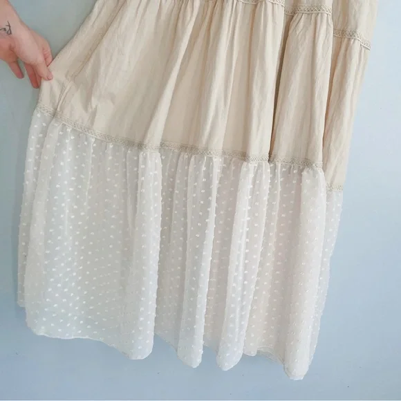 Prairie Cottagecore Tiered Overall Dress Beige Lace Trim Adjustable Straps M/L - Picture 3 of 8